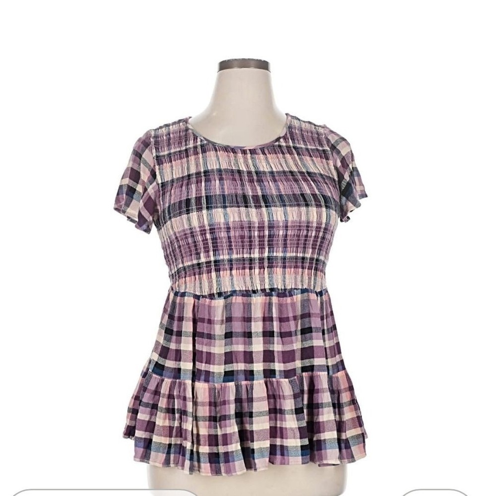 Torrid Women's Purple Plaid Babydoll Top Size 2X Short Sleeve Blouse Smocked
